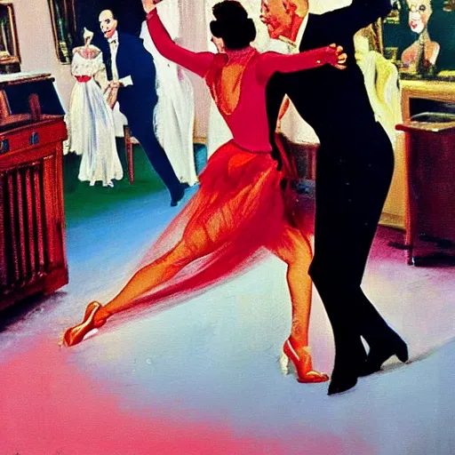 Image similar to cyd charisse and fred astaire dancing, colorful, francis bacon painting