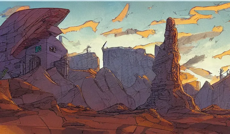Prompt: A serene landscape with a singular building in the style of Enki Bilal and Moebius and Simon Bisley and Robert McCall.