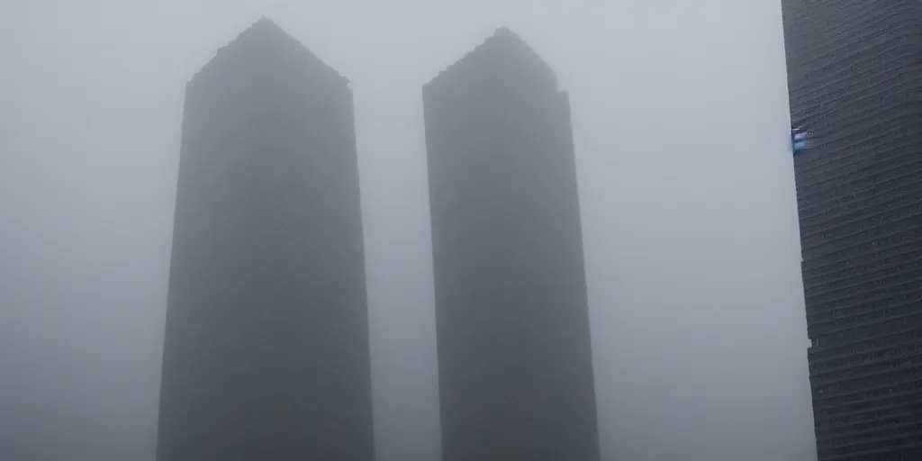 Prompt: brutalist skyscraper that disappears into the fog, cinematic, neo noir, cinematography by greig fraser