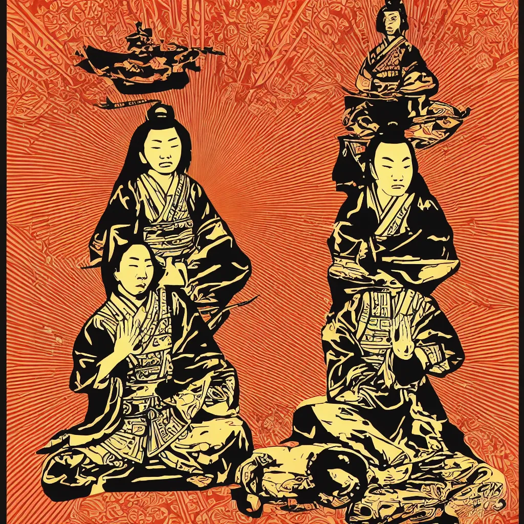 Image similar to poster of a beautiful meditating samurai by shepard fairey