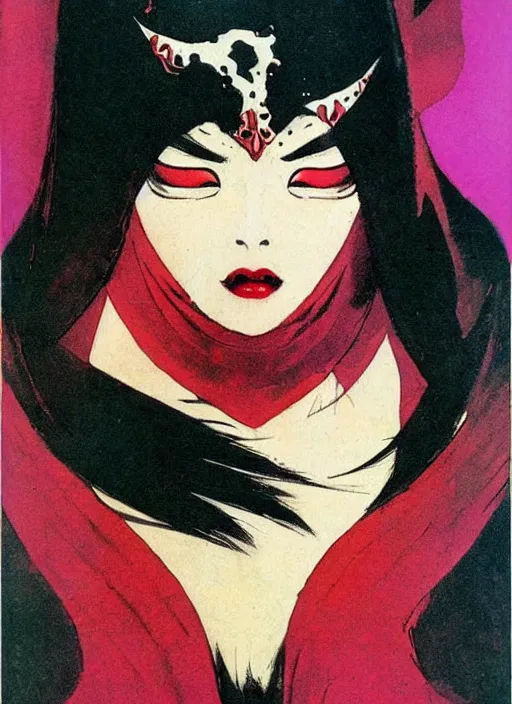 Prompt: portrait of mighty korean vampiress, jeweled veil, strong line, saturated color, beautiful! coherent! by frank frazetta, high contrast, minimalism