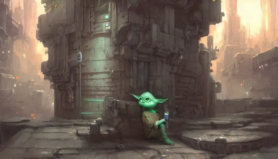 Prompt: Yoda being drunk in an alley at coruscant, close-up shot, details, sharp focus, illustration, by Jordan Grimmer and greg rutkowski, Trending artstation, pixiv, digital Art