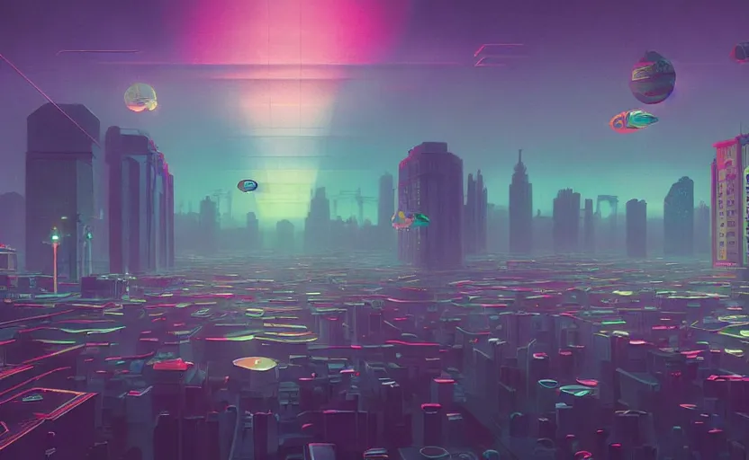 Image similar to Wide angle shot of a city with holographic fishes floating in the sky by Petros Afshar and Beeple, James Gilleard, Mark Ryden, Wolfgang Lettl highly detailed, Dark cineamtic and atmospheric lighting