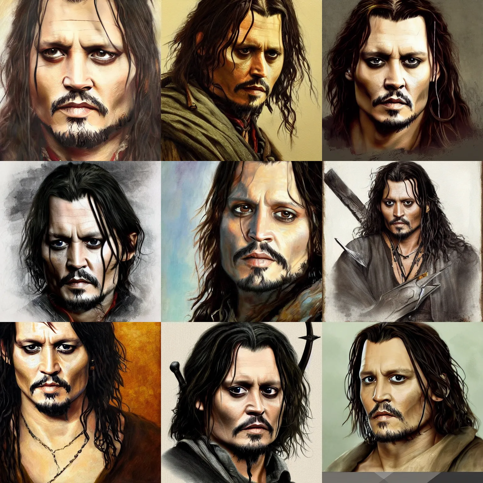 Prompt: a beautiful artwork of johnny depp as aragorn by Gustave Courbet featured on artstation