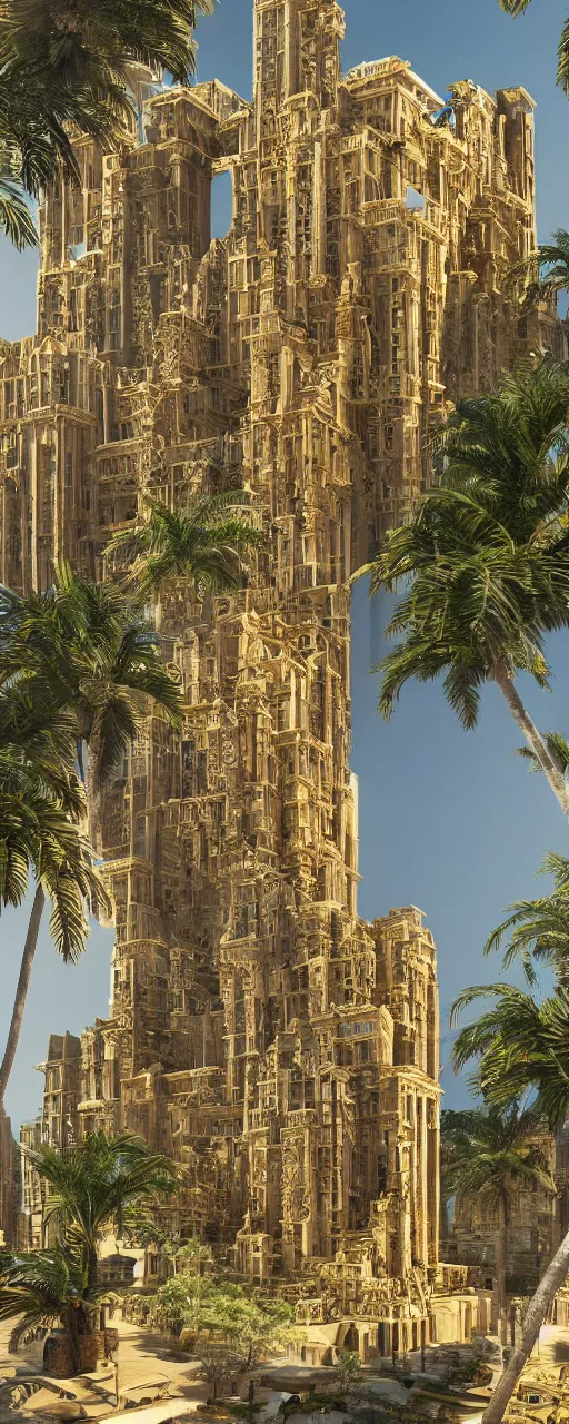 Image similar to photorealistic photo a contemporary babylon tower, golden intricate details, stone facade, sacred ancient architecture, cascading highrise, arid mountains with lush palm forest, sunlight, post - production, octane, cgi, sfx