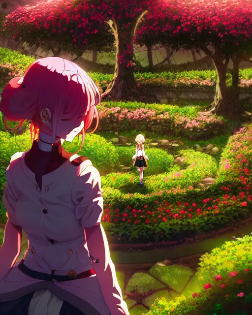 Image similar to cyborg girl in solarpunk rose garden, contemplation, anime epic artwork, kyoto animation, key visual, 4 k, ultra fine detail