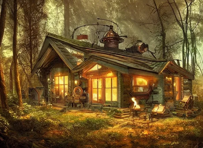 Prompt: cosy house in a clearing in the middle of a large forest, beautifully lit, retro science fiction vintage art, steampunk