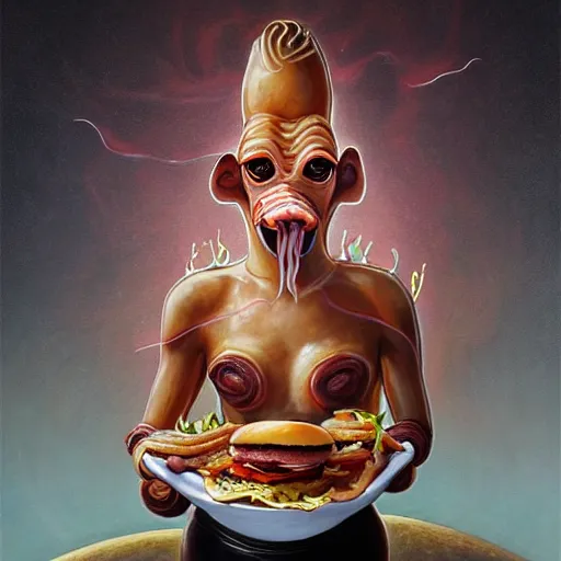 Prompt: detailed full body concept art illustration oil painting of Jar Jar Binks eating hamburgers, extra ketchup, bacon lettuce and tomatos, oriental art nouveau, frock, mid body, radiant halo of light, black gold smoke ink, woman covered in bacon and cheese, peter mohrbacher, artgerm