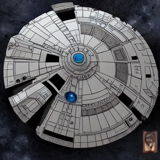 Image similar to the millennium falcon but if it was created by the mandalorians.