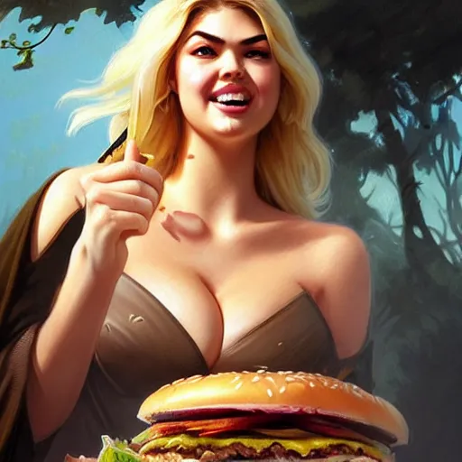 Image similar to Kate Upton devouring big macs, serving fries, eating burgers, dripping BBQ Sauce, D&D, fantasy, intricate, elegant, highly detailed, digital painting, artstation, concept art, matte, sharp focus, illustration, hearthstone, art by Artgerm and Greg Rutkowski and Alphonse Mucha