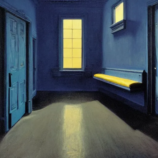 Prompt: a black unicorn in a blue and gold haunted liminal abandoned room, film still by edward hopper, by gottfried helnwein, by klimt, art noveau, highly detailed, strong lights, liminal, eerie, bright pastel colors,