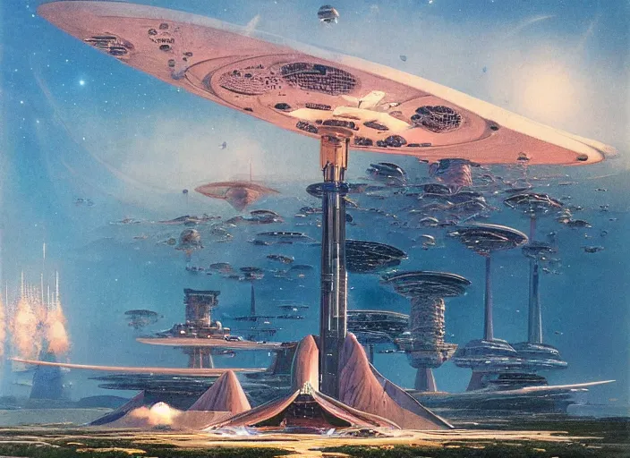 Prompt: a spaceport in a stunning landscape by bruce pennington