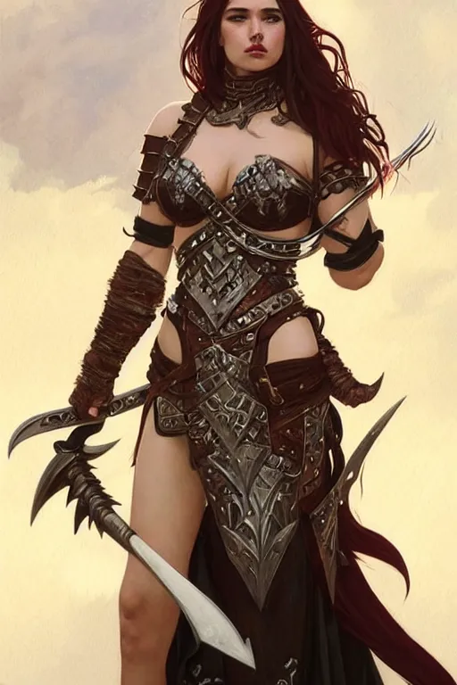 Image similar to Portrait of seductive female barbarian, D&D, revealing stylish dress like metal armor, choker on neck, long flowing hair, mouth slightly open, slight nerdy smile, fantasy, intricate, elegant, highly detailed, digital painting, artstation, concept art, smooth, sharp focus, illustration, art by artgerm and greg rutkowski and alphonse mucha