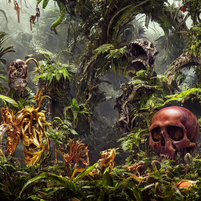 Prompt: octane render by lavinia fontana and naoto hattori and william henry hunt, a giant massive shiny chrome skull inside a vast beautiful luscious alien jungle filled with glowing strange exotic plants and small critters, 8 k, volumetric lighting and shadows, unreal engine, cgsociety