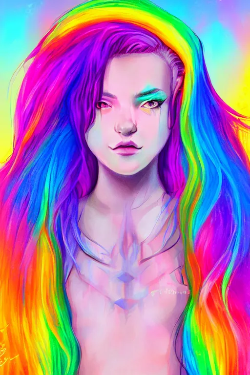 Image similar to a girl with rainbow hair, unicorn horns, portrait, rim light, fresh colors, gradients, highly detailed, digital illustration, concept art, smooth, sharp focus,