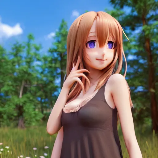 Image similar to Render of a very beautiful 3d anime girl, long hair, hazel eyes, cute freckles, full round face, short smile, cute sundress, golden hour, forest setting, medium shot, mid-shot, highly detailed, trending on Artstation, Unreal Engine 4k