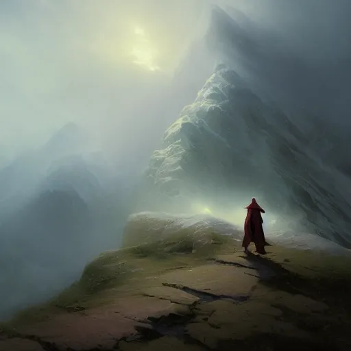 Prompt: epic portrait an hooded mage walking on cloudy hills, ripped cape, blurred backround, broad light, ambient occlusion, volumetric light effect, made by ivan aivazovsky, peter mohrbacher, greg rutkowski, matte painting, trending on artstation, 4 k, perfectly defined features, digital painting,