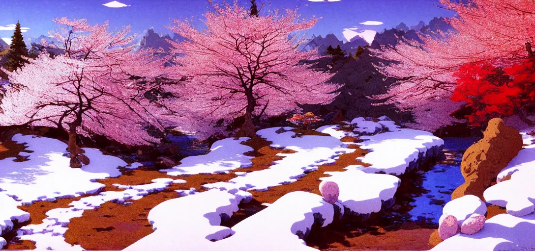 Image similar to ghibli illustrated background of a trail leading through a strikingly beautiful snowy landform with strange rock formations and red water, and cherry blossoms by vasily polenov, eugene von guerard, ivan shishkin, albert edelfelt, john singer sargent, albert bierstadt 4 k