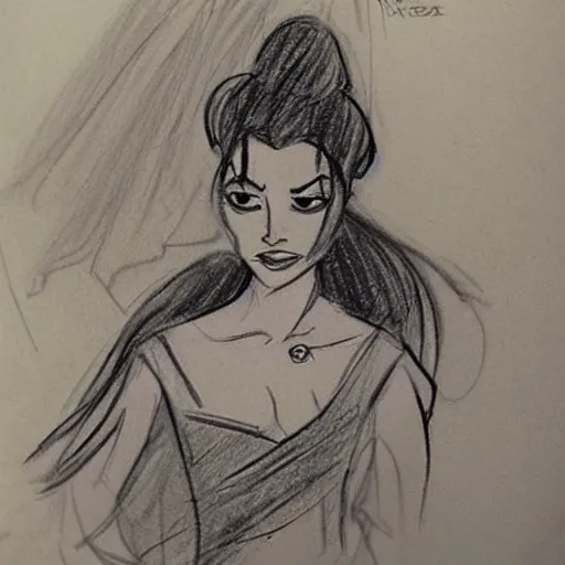 Image similar to milt kahl sketch of vanessa hudgeons with done up hair, tendrils covering face and ponytail as princess padme from star wars episode 3