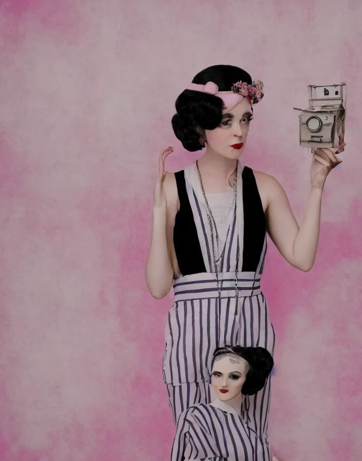 Image similar to a person with the proportions of a Funko Pop, posing for a portrait, wearing 1920s attire, muted colors, studio lighting, pink striped wallpaper backdrop, 8k