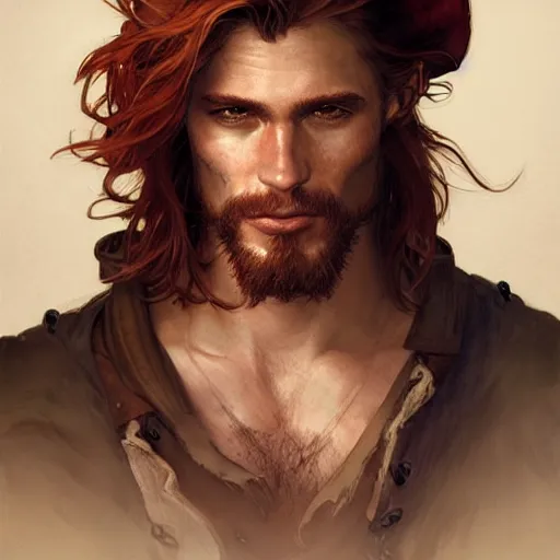 Image similar to portrait of a young ruggedly handsome but charming pirate, male, masculine, upper body, red hair, long hair, d & d, fantasy, full lips, intricate, elegant, highly detailed, digital painting, artstation, concept art, matte, sharp focus, illustration, art by artgerm and greg rutkowski and alphonse mucha