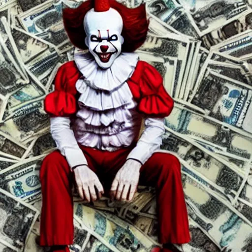 Prompt: Pennywise the clown wearing a suit and holding a stash of banknotes in his hands, full body shot, highly-detailed