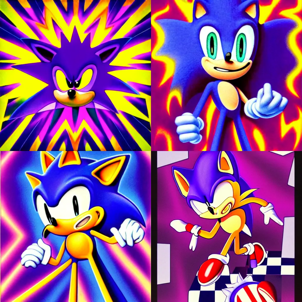 Prompt: surreal, sharp, detailed professional, high quality airbrush art album cover of New Age pagan imagery in the vague shape of sonic the hedgehog, purple checkerboard background, 1990s 1992 Sega Genesis box art