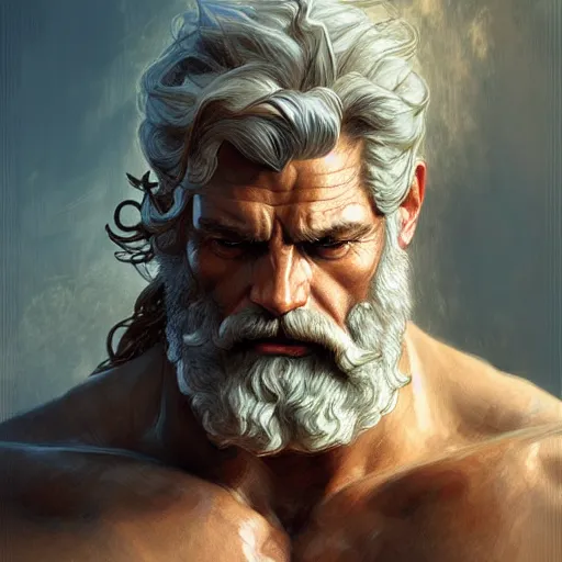 Image similar to portrait of rugged zeus, greek god d & d, muscular, fantasy, intricate, elegant, highly detailed, digital painting, artstation, concept art, smooth, sharp focus, illustration, art by artgerm and greg rutkowski and alphonse mucha