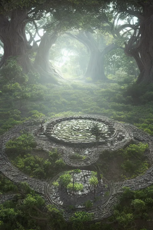 Prompt: mystic circular base surrounded by grand soul tree of the earth, cinematic, perfect symmetry, intricate detail, small details, high resolution, 3 d, volumetric lighting, octane render, 8 k, photorealistic