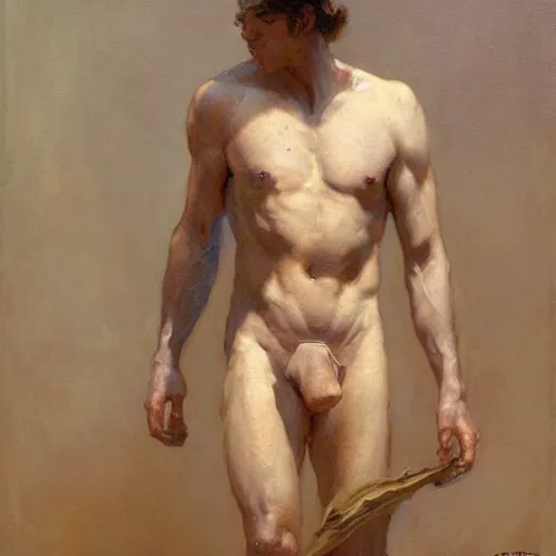 Prompt: a man with an inverted triangle body type, painting by Gaston Bussiere, Craig Mullins