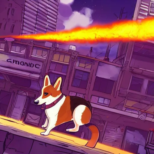 Prompt: a giant corgi destroying a city, lots of fire, style of borderlands, cel shade, extremely wide angle shot, trending on art station, 4 k, vibrant lighting