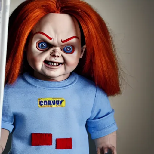 Prompt: chucky the killer doll standing in a dimly lit hospital