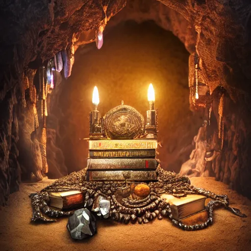 Image similar to epic Photo of an ancient dark byzantine cave interior, ornate oil lamp on a pile of crystals, books covered in jewels, ornate, surrounded by strange crystals and treasure, full of sand and glitter, hyper real, Indiana Jones, Tomb Raider, trending on artstation, concept art, cinematic, jewels, 35mm lens