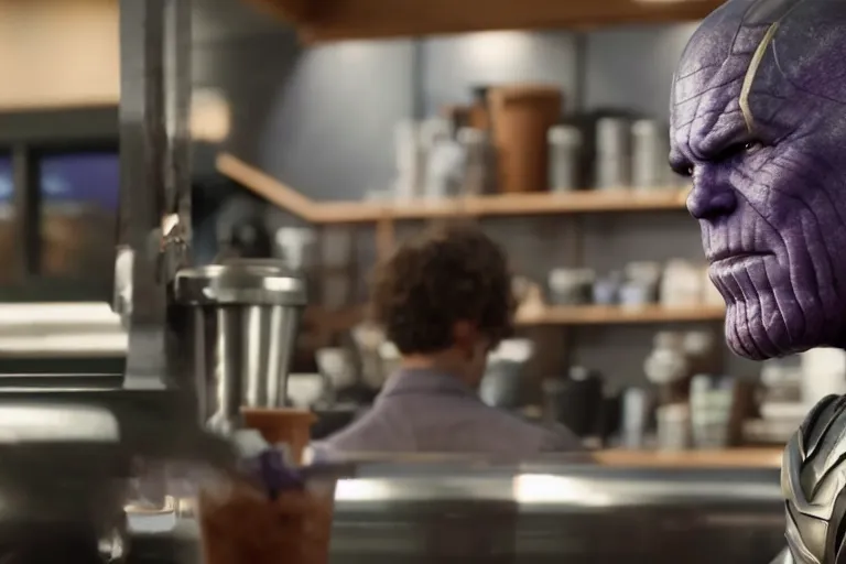 Prompt: a film still of thanos working as a starbucks barista in an upcoming movie, 4 k