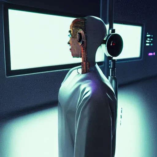 Image similar to hyperrealism aesthetic photography in caravaggio style quntum computer simulation visualisation of parallel universe cyberpunk scene with detailed robot working at detailed data centre and wearing retrofuturistic sci - fi laboratory uniform designed by josan gonzalez. hyperrealism photo on pentax 6 7, by giorgio de chirico volumetric natural light rendered in blender