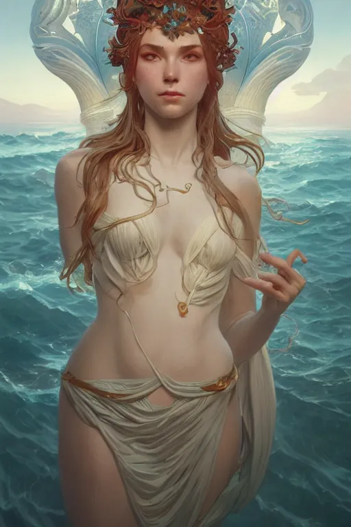 Image similar to goddess of the ocean, accurate anatomy, only two hands, highly detailed, digital painting, artstation, concept art, smooth, sharp focus, illustration, Unreal Engine 5, 8K, art by Ross Tran and greg rutkowski and alphonse Mucha