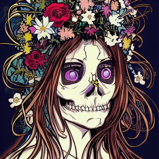 Image similar to anime manga skull portrait young woman hair floral crown fairytale comic skeleton illustration xmen style by Alphonse Mucha and Steve Ditko and Jim Lee pop art nouveau