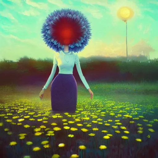 Prompt: giant daisy flower head, frontal, girl in a suit, surreal photography, sunrise, dramatic light, impressionist painting, digital painting, artstation, simon stalenhag