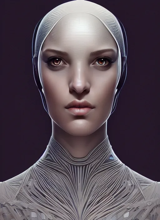 Image similar to portrait of female android, symmetry, intricate, elegant, highly detailed, smooth, sharp focus, concept art, digital painting, illustration, artstation, by fra angelico and greg ruthkowski