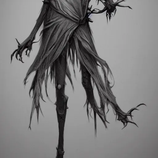 Image similar to concept art of a scary lanky female scarecrow, artstation, pencil