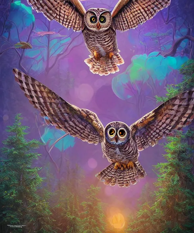 Image similar to a single realistic owl, flying in a psychedelic forest, wide angle landscape shot, pixar style by tristan eaton, artgerm and tom bagshaw