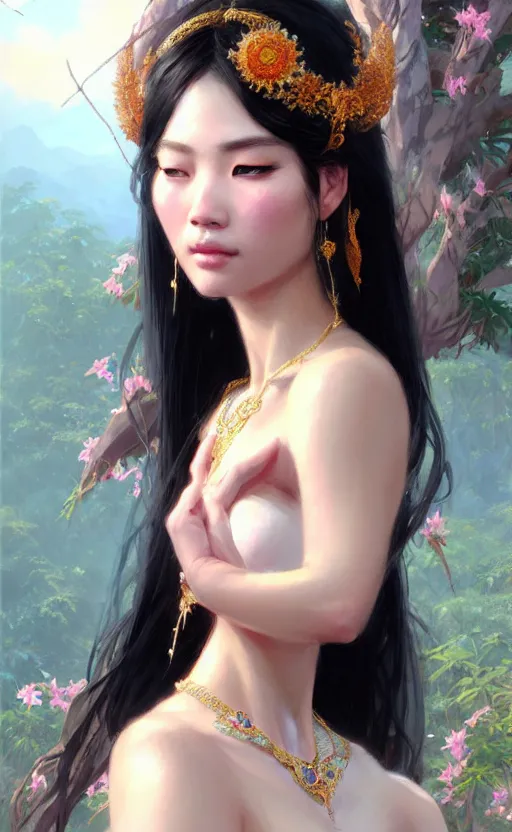 Image similar to a beautiful taiwan goddess with sundress with jewelry | | winter, realistic shaded, unpleasant face, good looking, fine details, realistic shaded lighting poster by greg rutkowski, magali villeneuve, artgerm, jeremy lipkin and michael garmash and macoto takahashi