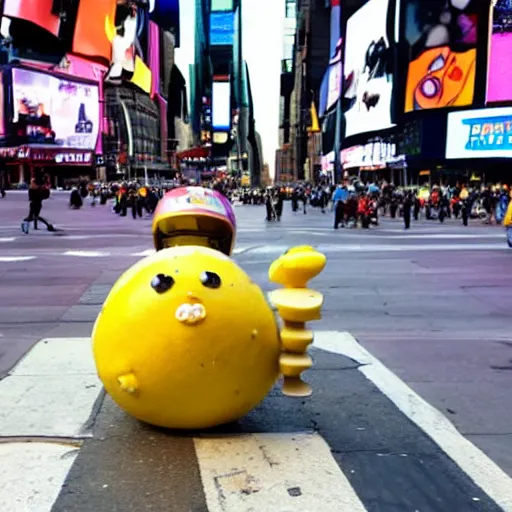 Prompt: a cool lemon riding a skateboard in times square new york