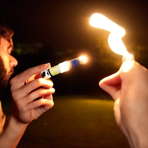 Image similar to one man lights a cigarette from the second man's lighter, a cigarette, smoke