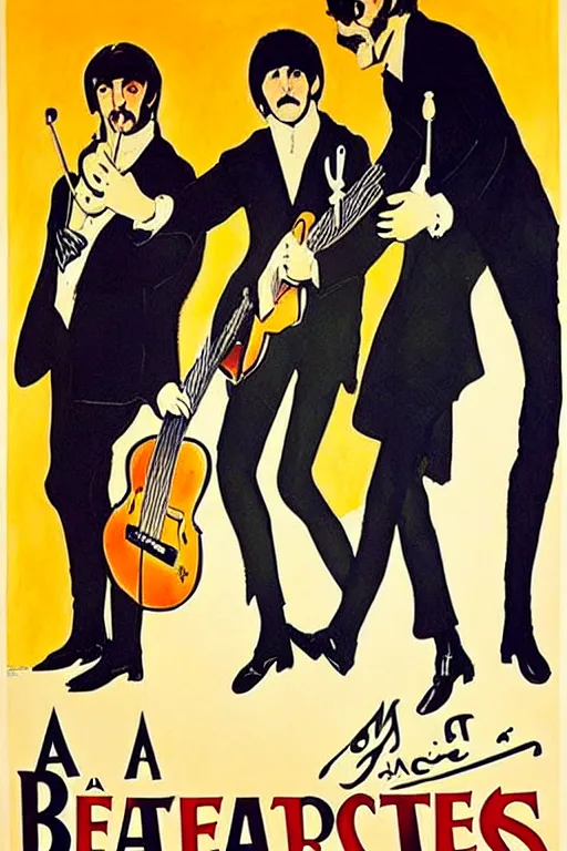 Prompt: a poster announcing a Beatles concert in a parisian cabaret depicting John Lennon, Paul Mccartney, George Harrrison and Ringo Starr, painting by Toulouse-Lautrec, high quality, masterpiece,