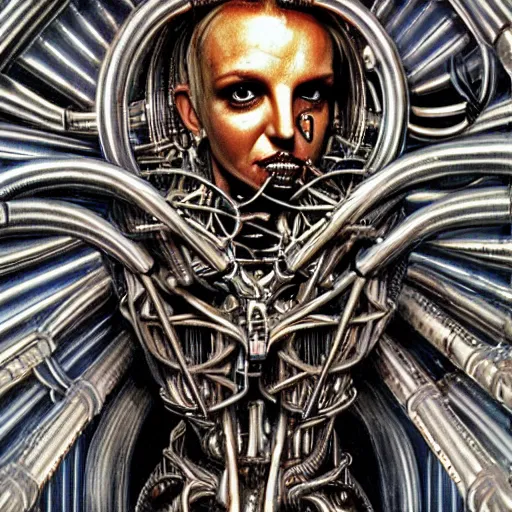 Image similar to britney spears encased in biomechanical machine, heavy conduits, complex scene, rich composition, heavy in detail, evil, corruption, decay, grime, sharp focus, airbrush, illustration, symmetrical, portrait, art by h. r. giger