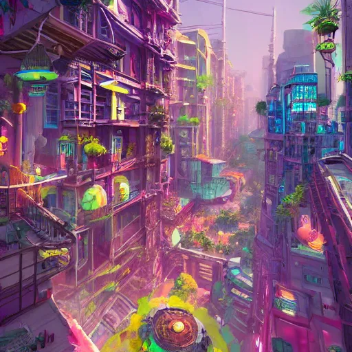 Image similar to Lively, colorful, solarpunk fantasy city. Trending on ArtStation