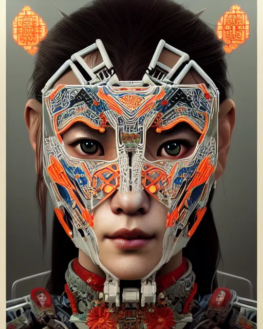 Prompt: symmetry!! portrait of a machine from horizon zero dawn, machine face, decorated with chinese opera motifs, intricate, elegant, highly detailed, digital painting, artstation, concept art, smooth, sharp focus, illustration, art by artgerm and greg rutkowski and alphonse mucha, 8 k
