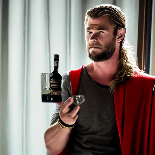 Prompt: Chris Hemsworth as Thor staring sadly at a glass of whiskey, Nikon 50mm, documentary lighting