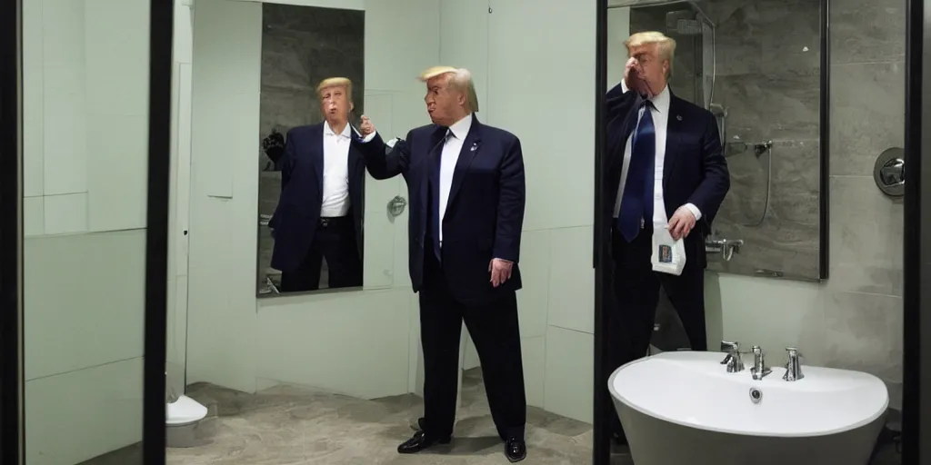 Image similar to ultra wide angle photo of donald trump dressed in a a green flannel shirt and black dress pants as clark kent looking at himself in a bathroom mirror and seeing his reflection as superman